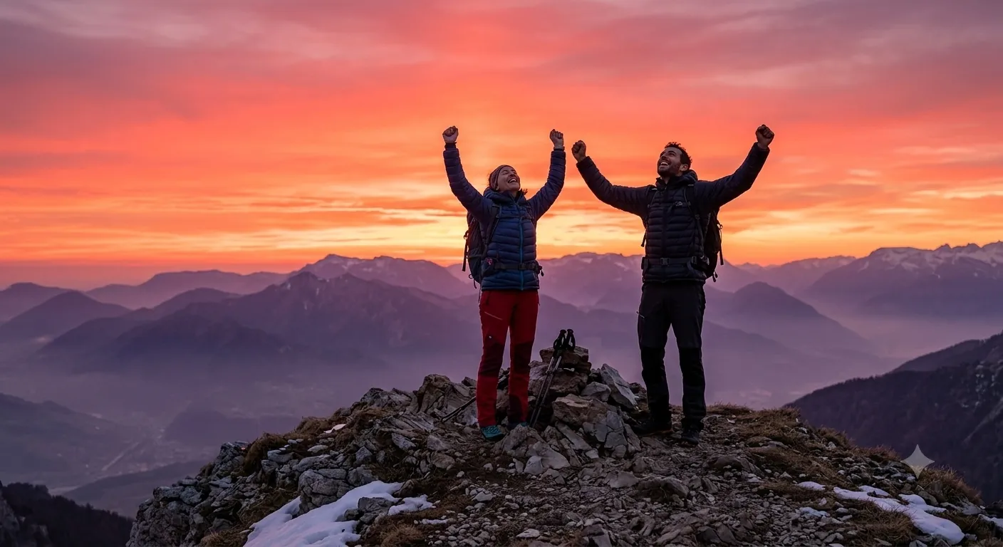 Duas pessoas de braços erguidos no cume de uma montanha ao pôr do sol