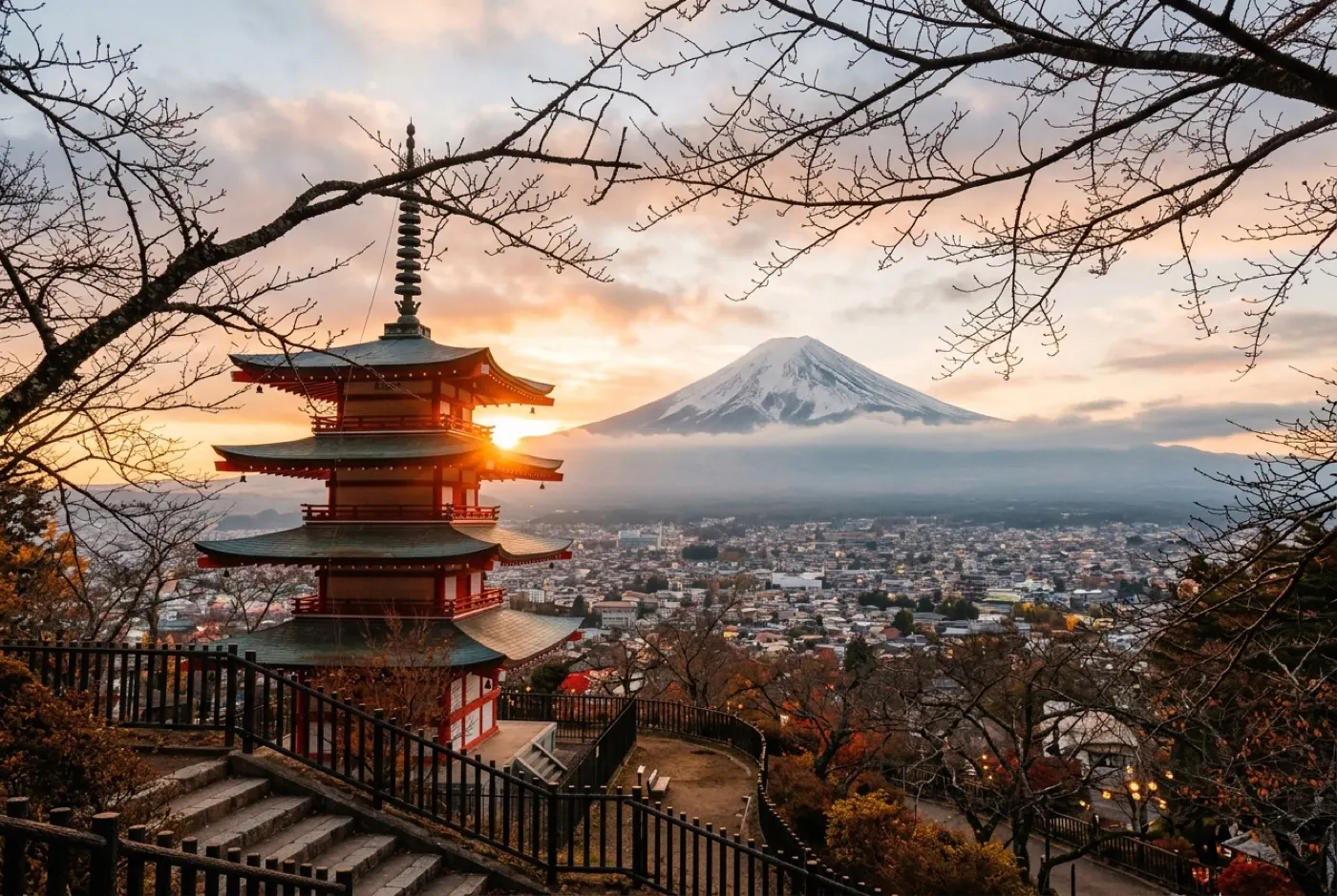 Monte Fuji ao fundo de uma paisagem japonesa