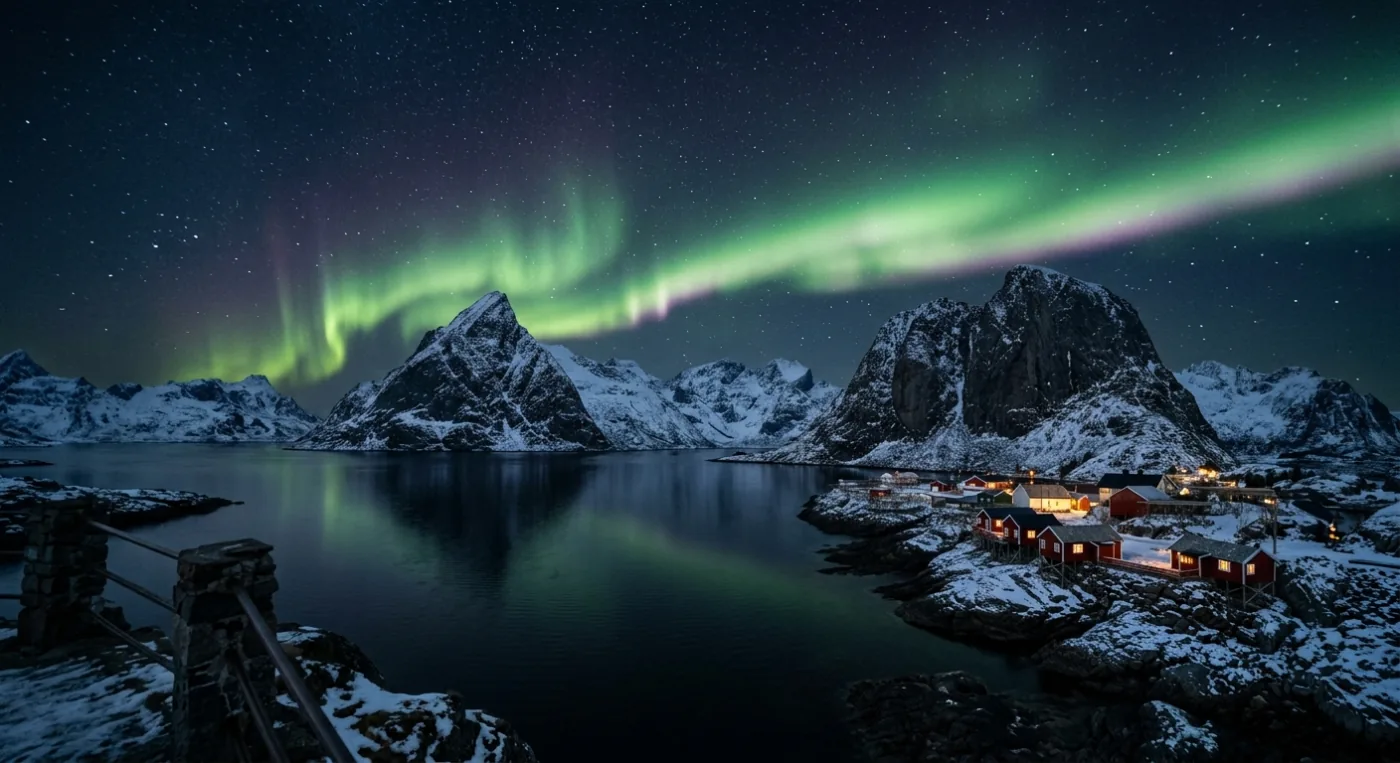Aurora boreal sobre as montanhas e aldeia de pescadores das Ilhas Lofoten, Noruega